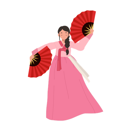 Femme coréenne en hanbok exécutant la danse traditionnelle du fan  Illustration