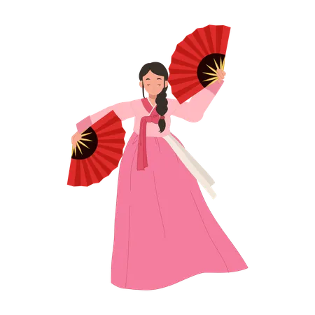 Femme coréenne en hanbok exécutant la danse traditionnelle du fan  Illustration