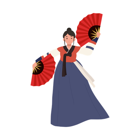 Femme coréenne en hanbok exécutant la danse traditionnelle du fan  Illustration