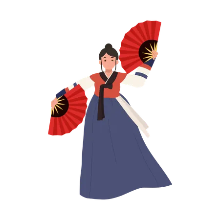 Femme coréenne en hanbok exécutant la danse traditionnelle du fan  Illustration