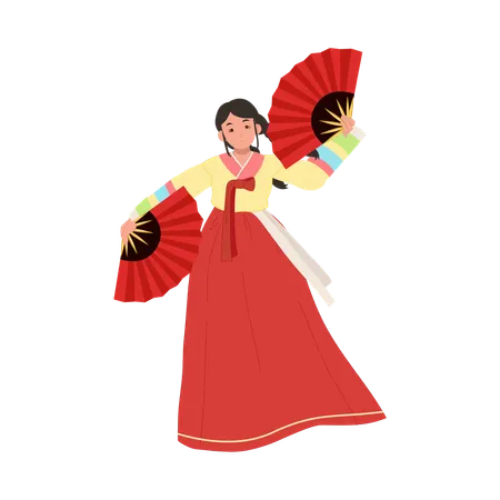 Femme coréenne en hanbok exécutant la danse traditionnelle du fan  Illustration