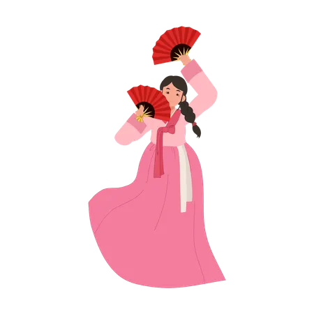 Femme coréenne en hanbok exécutant la danse traditionnelle du fan  Illustration