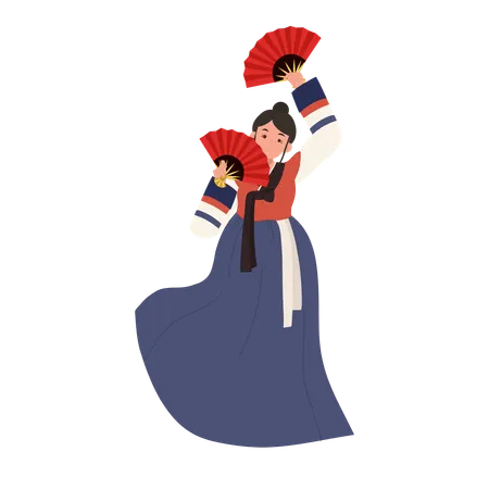 Femme coréenne en hanbok exécutant la danse traditionnelle du fan  Illustration