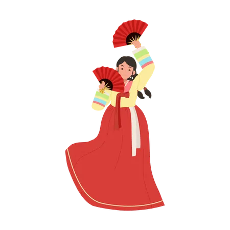 Femme coréenne en hanbok exécutant la danse traditionnelle du fan  Illustration