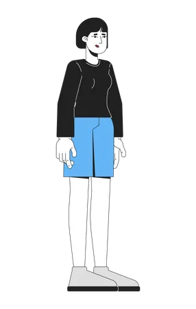 Femme coréenne malheureuse en manches longues noires et short bleu  Illustration