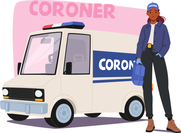 Une femme médecin légiste en uniforme debout à côté de la camionnette du coroner tout en portant un sac médical  Illustration