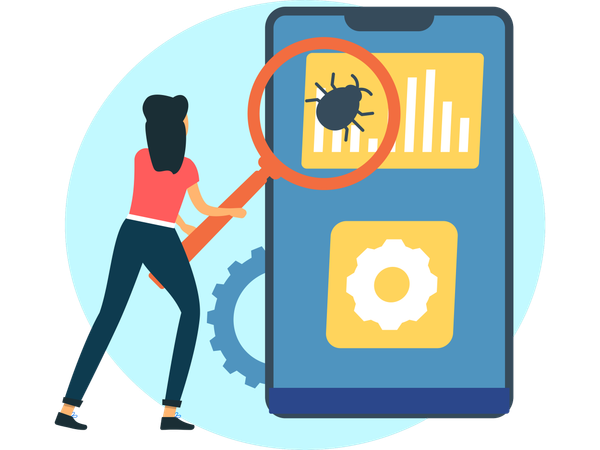 Une femme répare un bug en ligne  Illustration