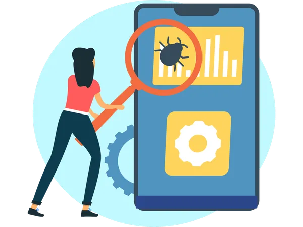 Une femme répare un bug en ligne  Illustration