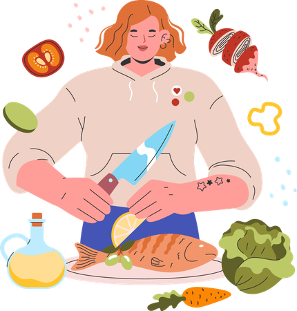 Femme coupant des légumes dans la cuisine  Illustration