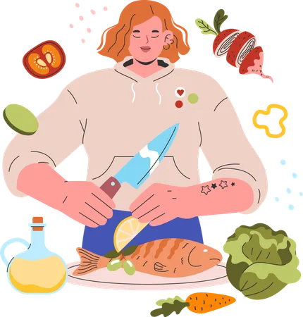 Femme coupant des légumes dans la cuisine  Illustration