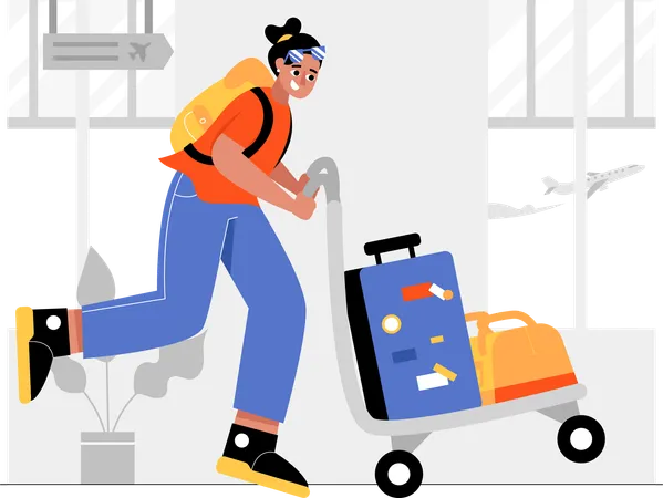 Femme courant avec des bagages à l'aéroport  Illustration