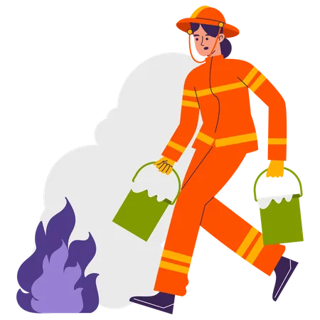 Femme qui court avec un seau à incendie  Illustration