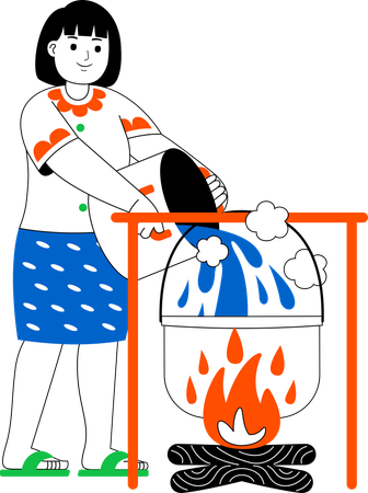 Femme cuisinant dans un feu de camp  Illustration