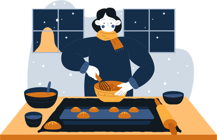 Une femme cuisine des biscuits en hiver  Illustration