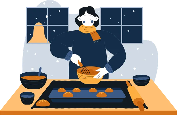 Une femme cuisine des biscuits en hiver  Illustration