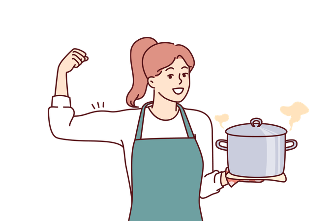 Une femme cuisine dans une poêle  Illustration