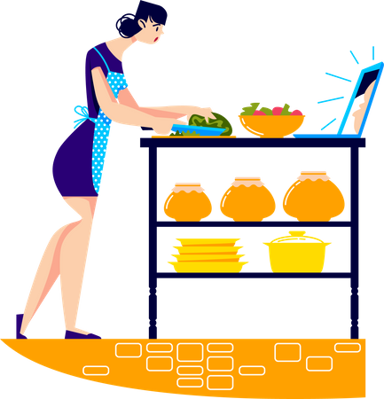 Femme préparant le dîner tout en regardant un tutoriel de cuisine  Illustration