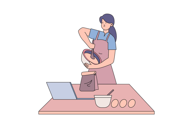 Femme cuisinant guidée par un tutoriel en ligne  Illustration