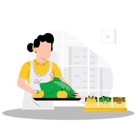 Femme cuisinant du poulet  Illustration