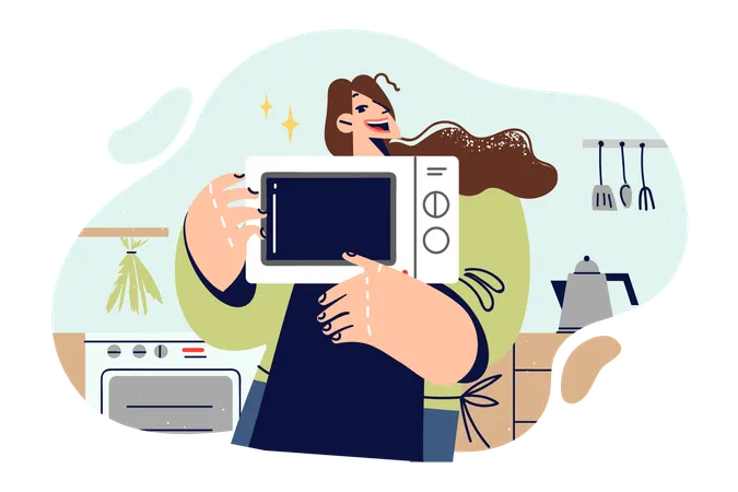 Une femme cuisinière avec un micro-ondes dans les mains se réjouit de l'acquisition de nouveaux équipements de cuisine  Illustration