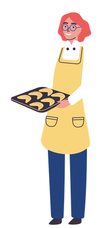 Femme cuisinier tenant un plateau de croissants  Illustration