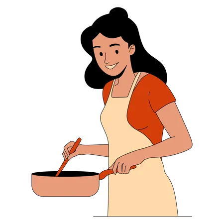 Une femme fait cuire des aliments à feu vif  Illustration