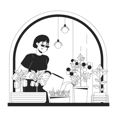 Femme cultivant des légumes d'intérieur sur le rebord de la fenêtre  Illustration