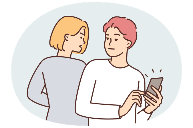 Une femme curieuse essaie d'espionner son petit ami en train de discuter ou d'utiliser les réseaux sociaux sur son téléphone  Illustration