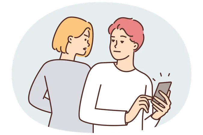 Une femme curieuse essaie d'espionner son petit ami en train de discuter ou d'utiliser les réseaux sociaux sur son téléphone  Illustration
