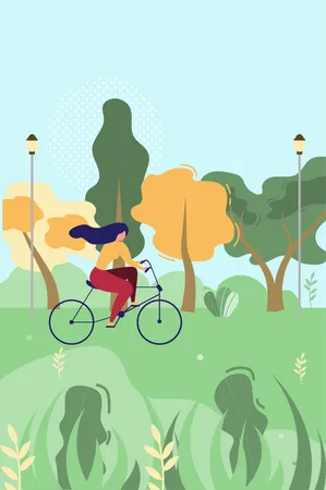 Femme faisant du vélo dans un parc public  Illustration