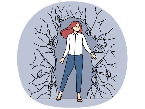 Une femme d'affaires prospère brise un mur de pierre  Illustration