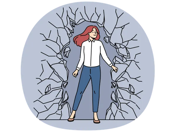 Une femme d'affaires prospère brise un mur de pierre  Illustration