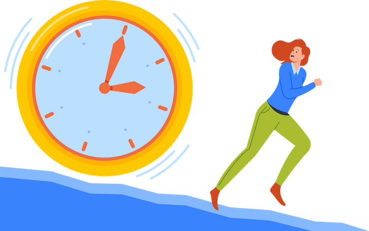 Femme d'affaires anxieuse fuyant une énorme horloge  Illustration