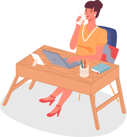 Femme d'affaires au bureau avec un ordinateur portable et une tasse de café  Illustration