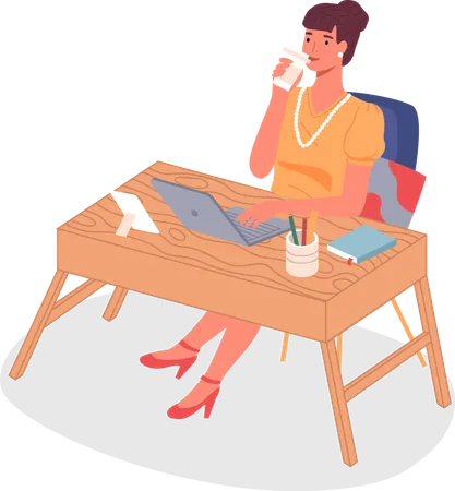 Femme d'affaires au bureau avec un ordinateur portable et une tasse de café  Illustration