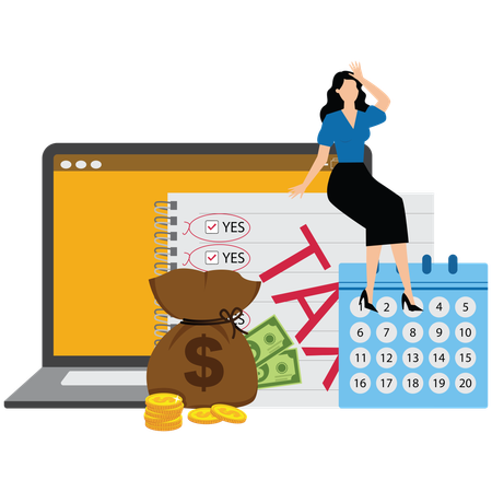 Femme d'affaires effectuant un paiement d'impôt en ligne  Illustration