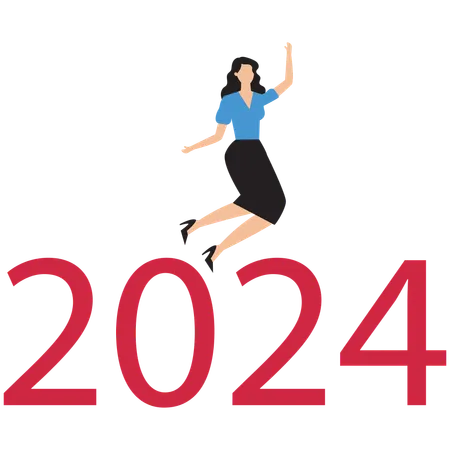 Femme d'affaires en plein succès pour la nouvelle année 2024  Illustration