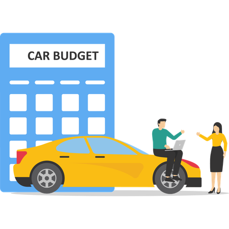 Femme d'affaires et homme debout avec le budget de la voiture sur une calculatrice et une pile de pièces  Illustration