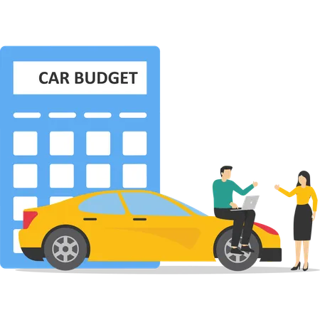 Femme d'affaires et homme debout avec le budget de la voiture sur une calculatrice et une pile de pièces  Illustration