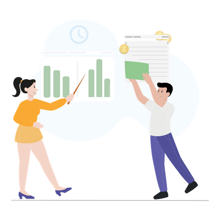 Femme d'affaires et homme présentant le rapport d'analyse  Illustration