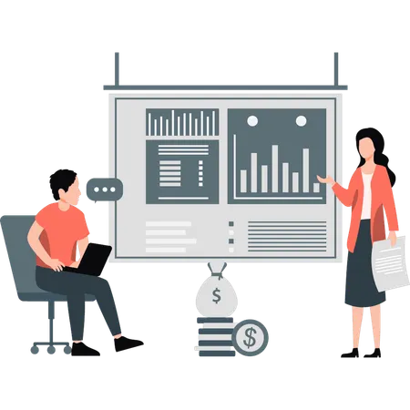 Femme d'affaires et homme travaillant sur l'analyse commerciale  Illustration