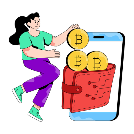 Une femme d'affaires investit dans un portefeuille Bitcoin  Illustration