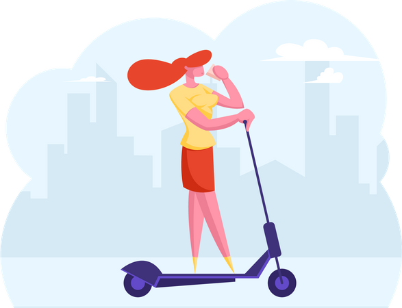 Femme d'affaires allant au bureau sur un scooter électrique  Illustration