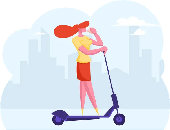 Femme d'affaires allant au bureau sur un scooter électrique  Illustration