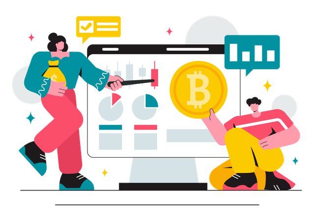 Une femme d'affaires analyse le bitcoin  Illustration