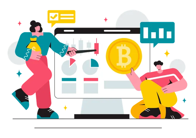 Une femme d'affaires analyse le bitcoin  Illustration