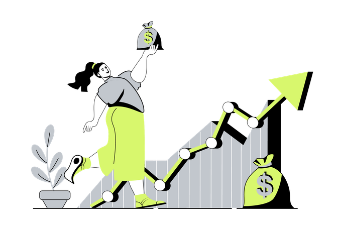 Une femme d'affaires analyse les statistiques financières avec un graphique de données tout en obtenant une augmentation des bénéfices  Illustration