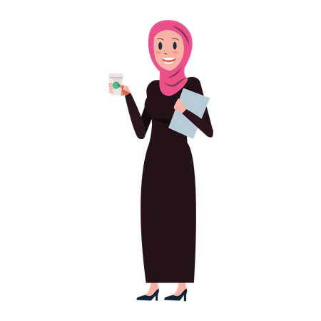 Femme d'affaires arabe avec café et document  Illustration