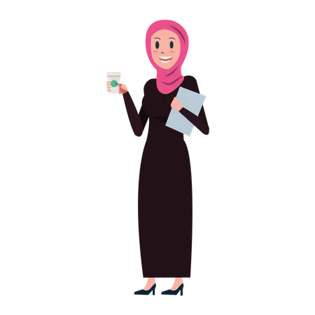 Femme d'affaires arabe avec café et document  Illustration