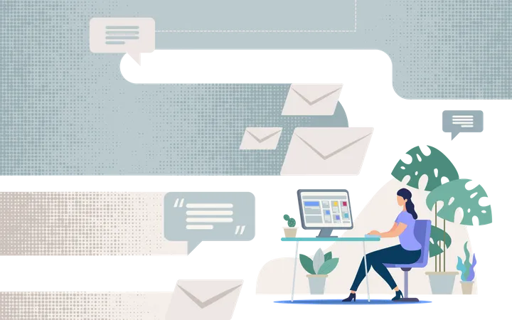 Femme d'affaires assise au bureau avec écran d'ordinateur, messagerie, envoi de courrier avec des collègues  Illustration